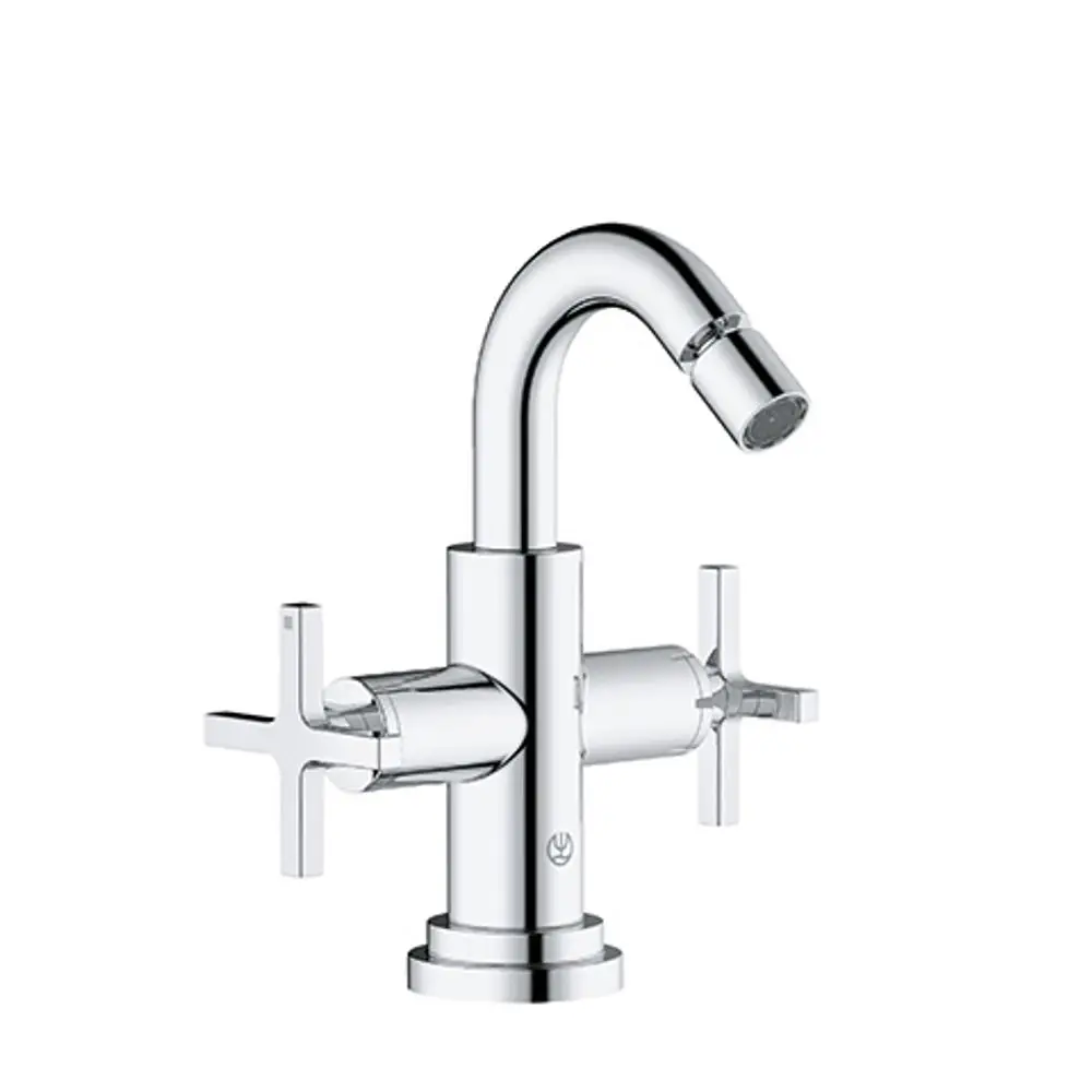 Kludi Bidetarmatur in verchromtem Finish mit zwei Kreuzgriffen. Der Wasserhahn hat einen geschwungenen Auslauf und eine klassische Formensprache.